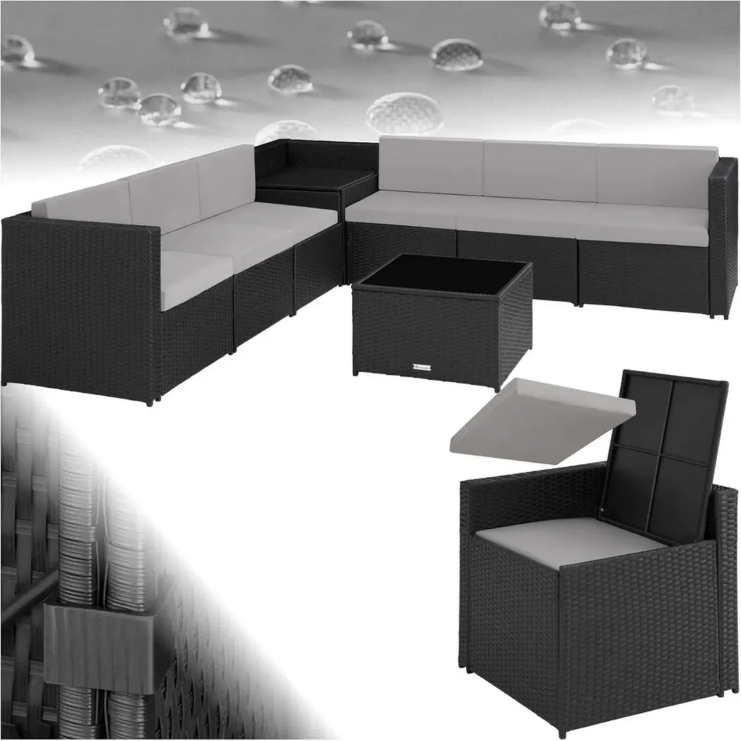 Modulares Polyrattan Loungeset für Balkon, mit Tisch und Aufbewahrung - Schwarz