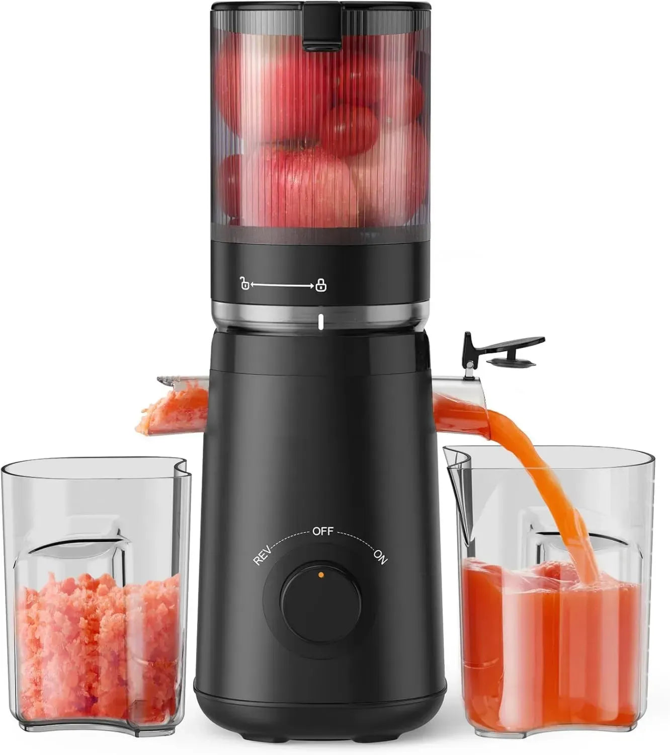 Hochleistungs-Slow Juicer mit XXL-Einfüllschacht, Ideal für Ganzes Obst und Gemüse, Einfach zu Reinigen, BPA-frei, Schwarz