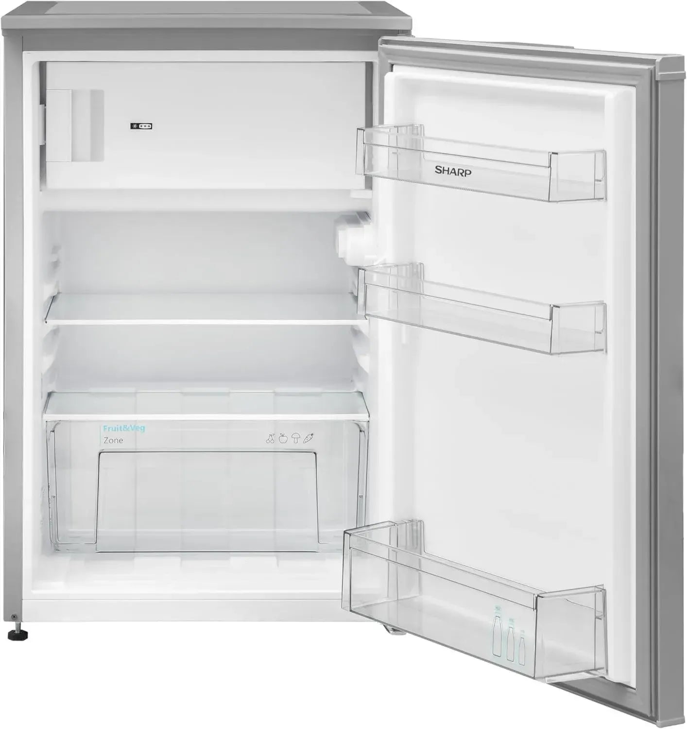 SHARP 121L Kompaktkühlschrank mit Gefrierfach, stufenloser Temperaturregelung, LED-Beleuchtung, Silber
