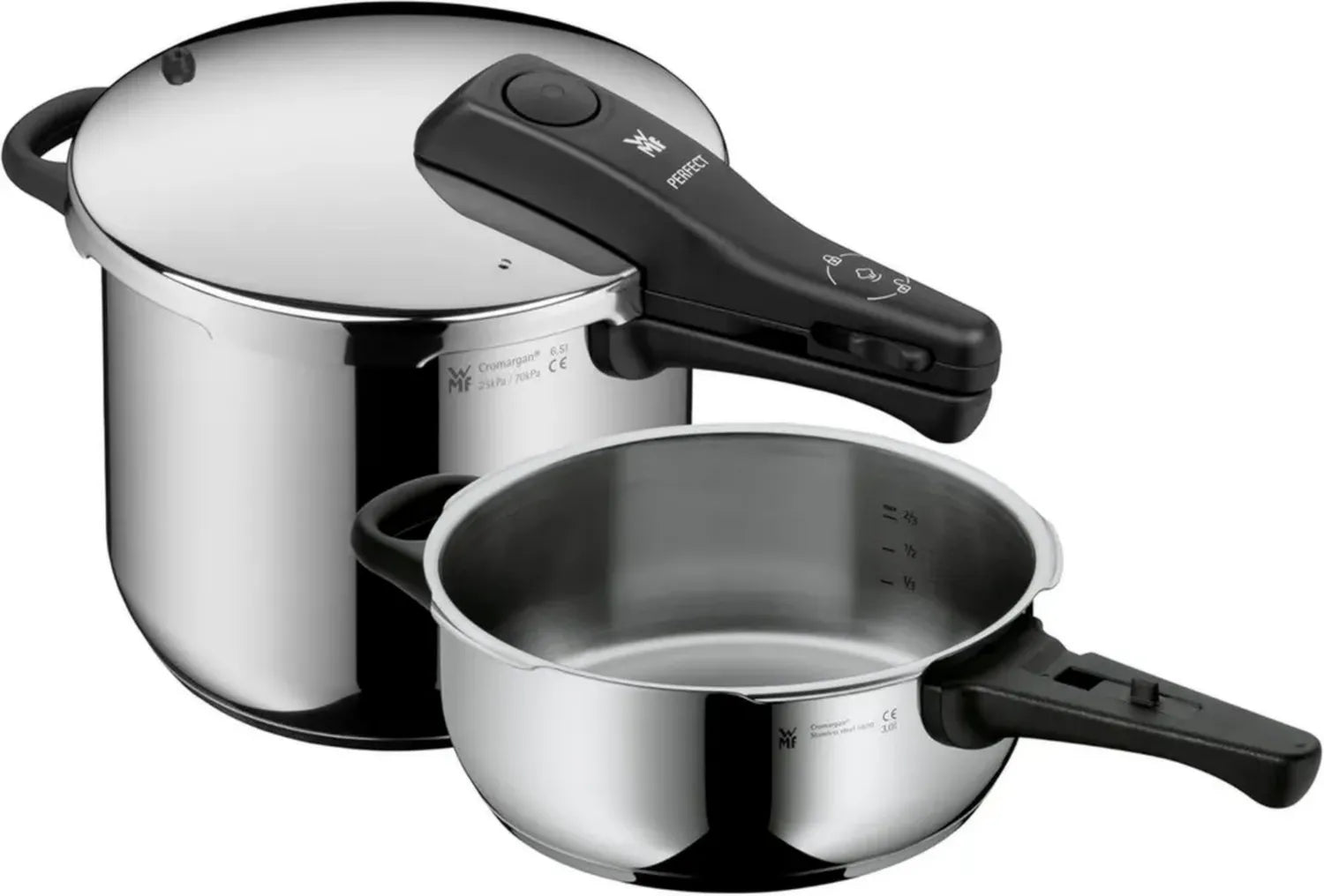 WMF Perfect Schnellkochtopf Set Induktion, 6,5l & 3l, Edelstahl mit abnehmbarem Griff