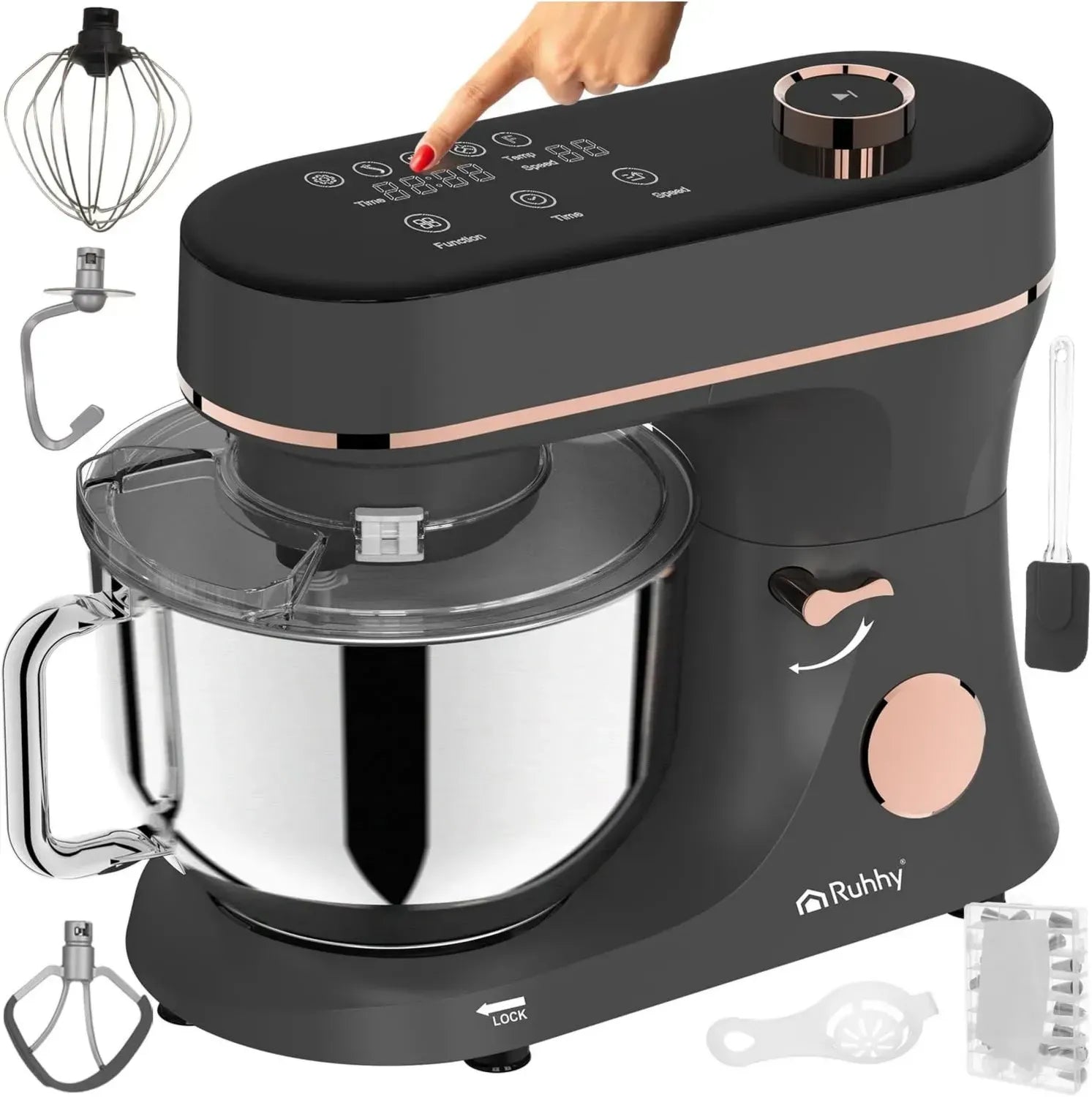 Multifunktionale Küchenmaschine 6,2L mit Heizrührschüssel – 2000W Planetenrührer, 11 Geschwindigkeiten & Touchscreen – Ideal für Brot, Pizza, Kuchen (Schwarz-Gold)