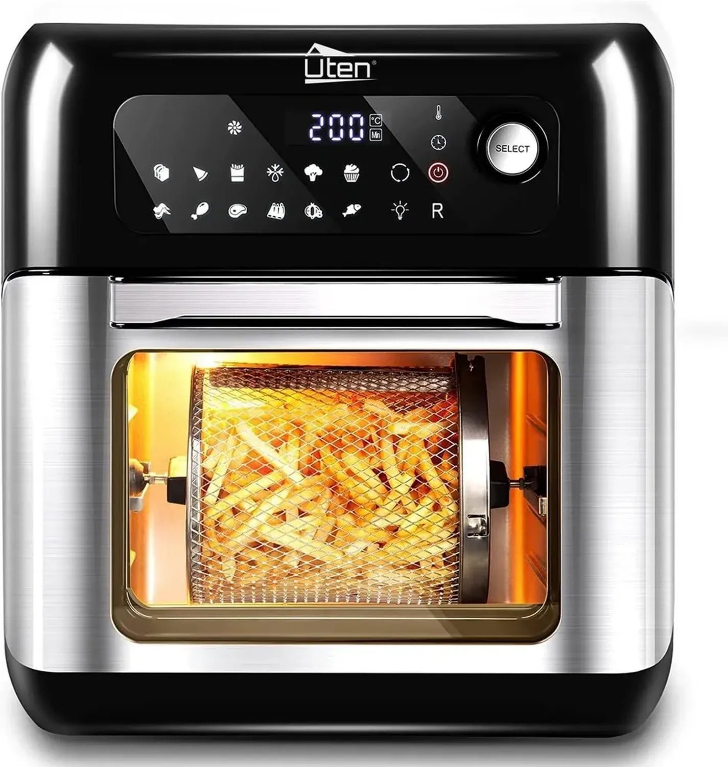 XXL Heißluftfritteuse 10L, 12-in-1 Air Fryer mit LED-Display und Zubehör, Edelstahl, 1500W