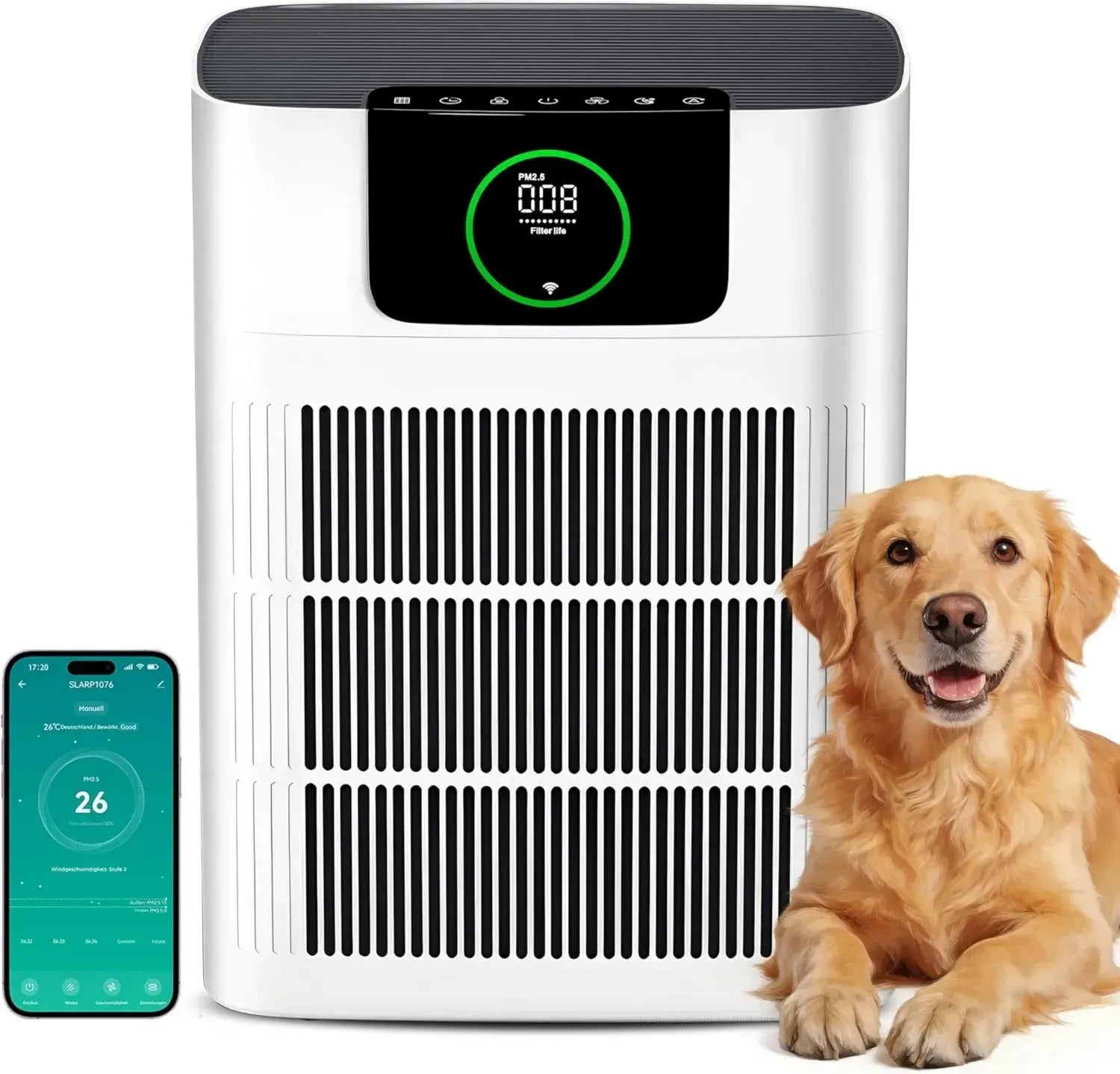HEPA Luftreiniger mit Aktivkohlefilter, ideal gegen Pollen und Tierhaare, für Räume bis 100 m², leise und energieeffizient, App-Steuerung, Modell AP002