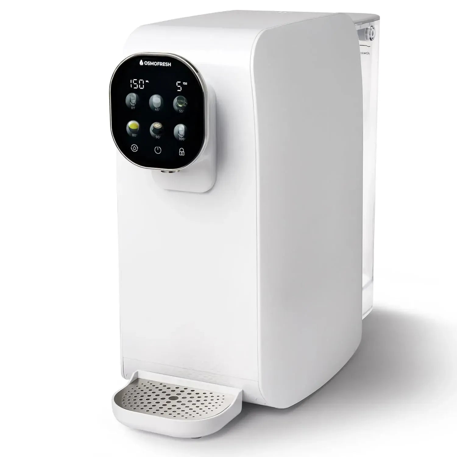 OsmoFresh Auftisch-Osmoseanlage Quella Pro Weiß mit Heißwasserspender, 6 Temperaturstufen, 7-stufige Umkehrosmosefilterung, Wasserfilter für Küche, Büro und Wohnmobil, kalkfreies Trinkwasser, UV-Schutz