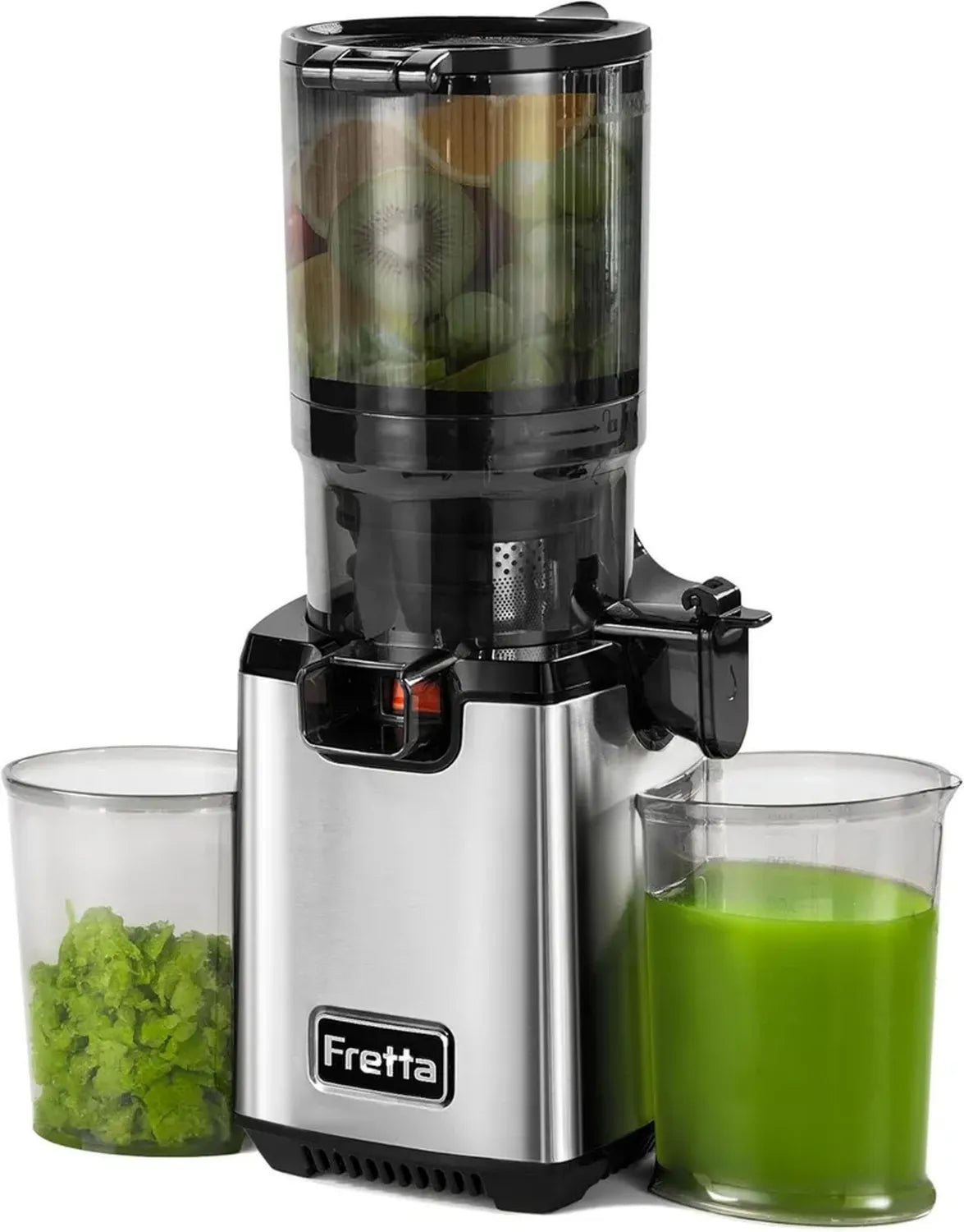 Fretta Slow Juicer: Edelstahl Obstsaftexpresse, 135mm Öffnung, 1,8L Behälter, Umkehrfunktion, Leichte Reinigung, BPA-frei, 250W Leistung