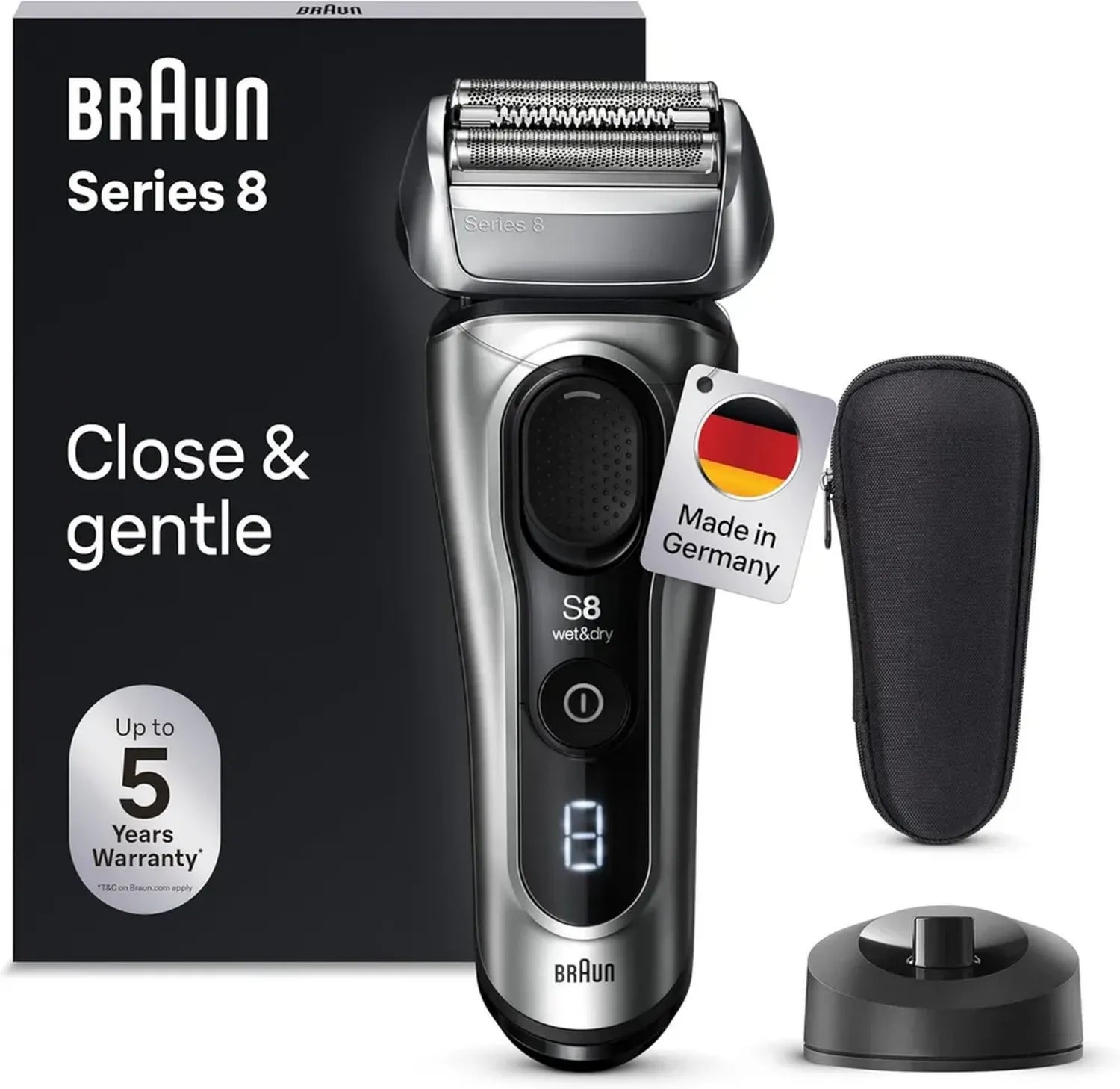 Braun Series 8 Herren Elektrorasierer mit Präzisionstrimmer, 4+1 Scherkopf, 60 Min Akku, Nass-Trocken Anwendung, Silber, Hergestellt in Deutschland
