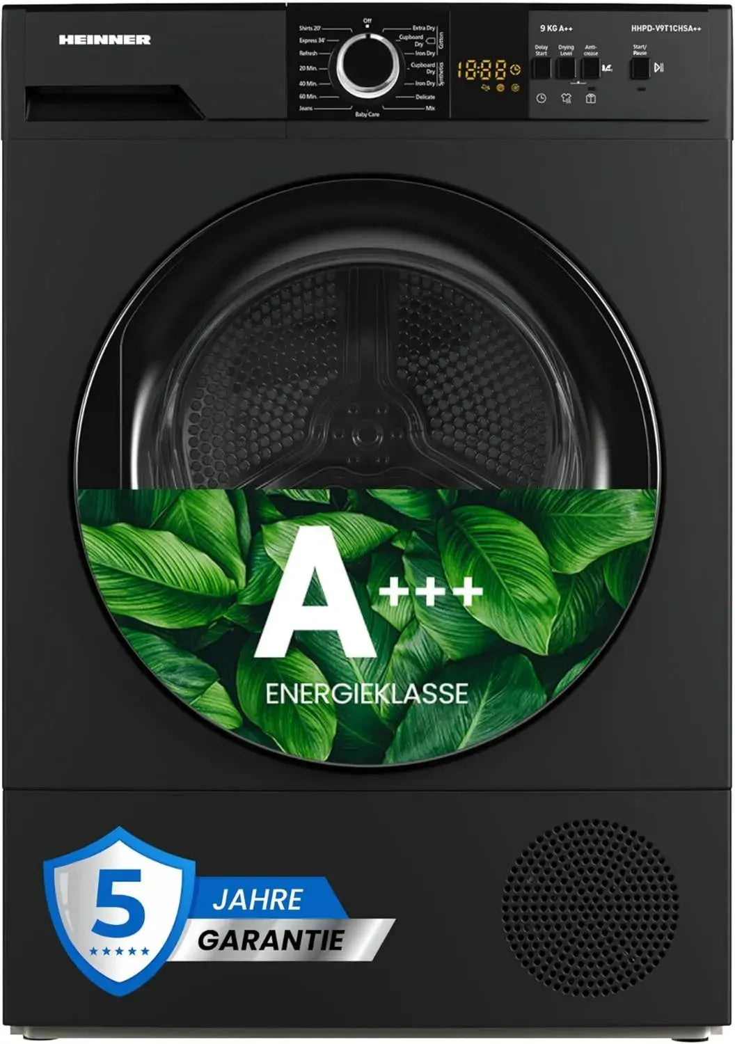 HHPD-V9T1CHA++ – Wärmepumpentrockner 9 kg, Energieklasse A++, 15 Programme, LED-Display – Leise & energiesparend – 5 Jahre Garantie (Anthrazit, 9 kg)