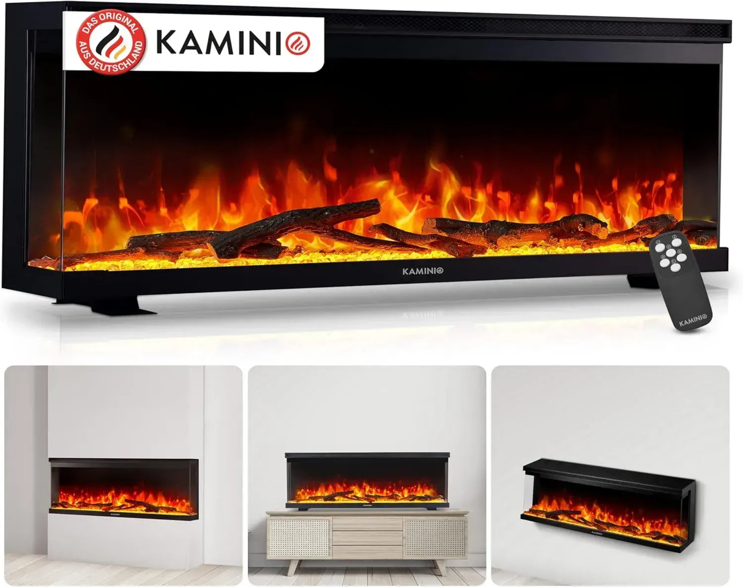 Moderner Elektrokamin 50 Zoll mit Panoramablick und 3D-Flammeneffekt