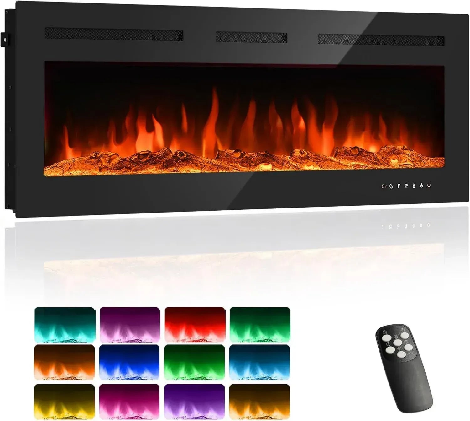 Elektrischer Kamin mit 3D-Flammeneffekt, 12 Farben, Fernbedienung & Timer, 900W/1800W, 50 Zoll