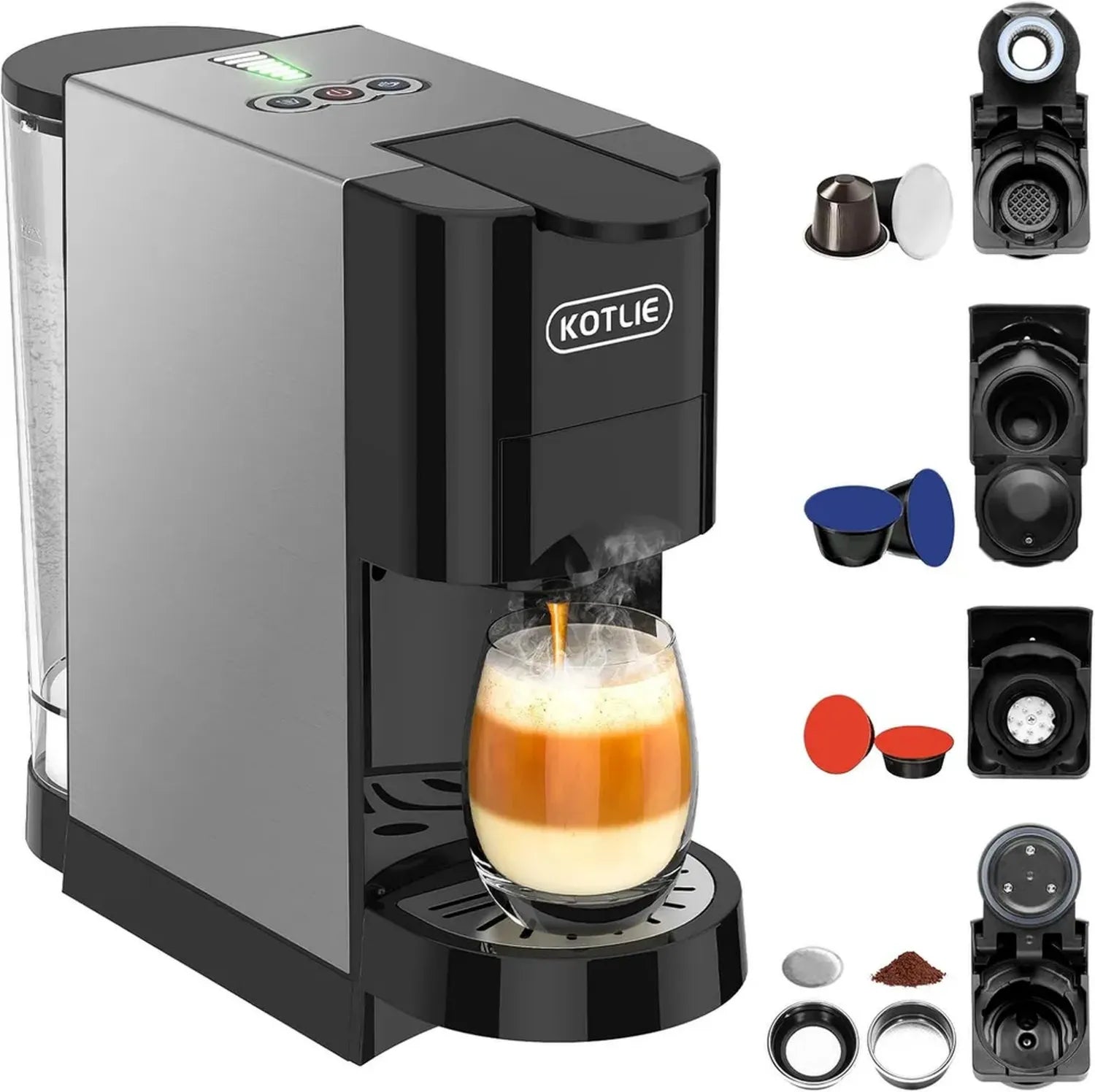 KOTLIE 5-in-1 Kaffeemaschine für Verschiedene Kapseln und Gemahlenen Kaffee, Anpassbar für Große Tassen, Schwarz