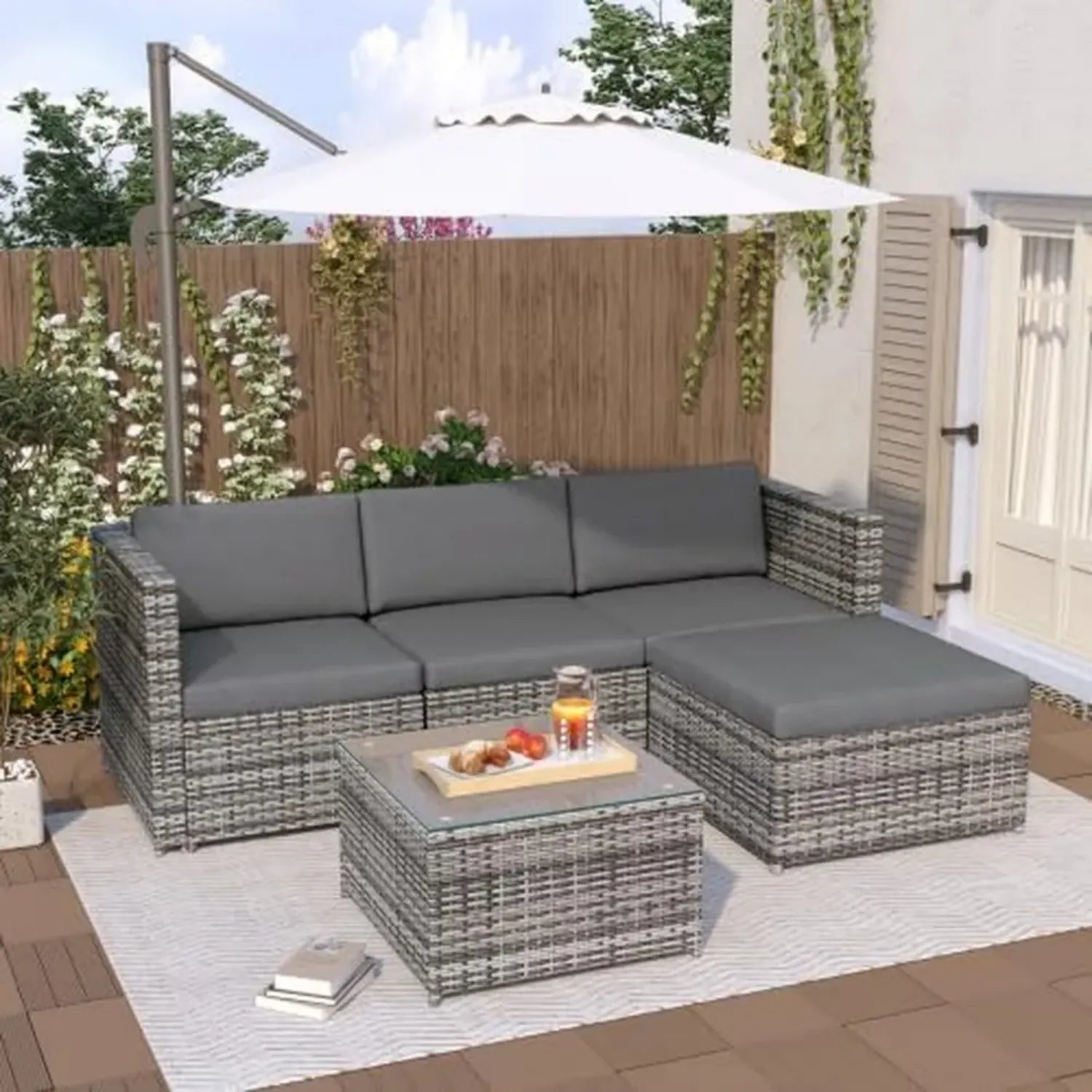 Gartenmöbel-Set aus Polyrattan, Ecksofa & Tisch, wetterfest, verstellbar, Grau