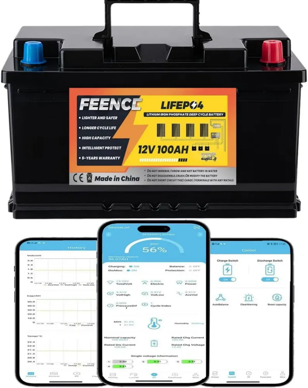 12V 100Ah LiFePO4 Batterie mit Bluetooth und 100A BMS, Langlebig und Zuverlässig für Wohnmobil und Marine