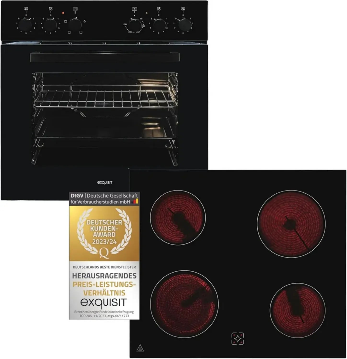 Exquisit Herd-Set 60 cm Schwarz mit Glaskeramikkochfeld, Energieklasse A, 59 l Ofenvolumen