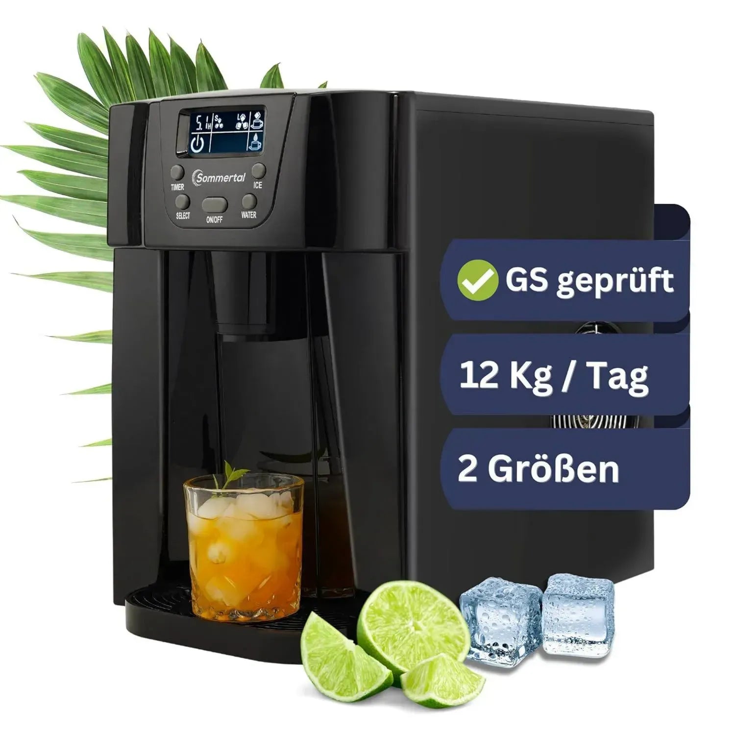 Kompakte Eiswürfelmaschine mit Wasserspender, schnelles Eis in 6 Minuten, 12 kg tägliche Kapazität, 2 Würfelgrößen, Timer & Auto-Stopp