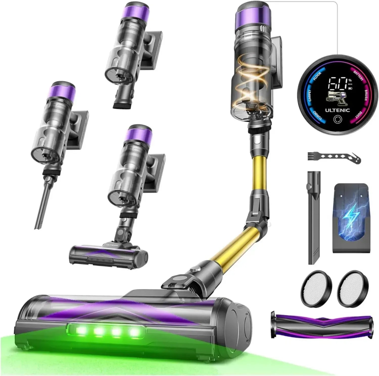 Ultenic U20 Kabelloser Staubsauger, 600W Leistung, 55.000Pa Saugkraft, 60 Min Laufzeit, Flexibel mit GreenEye-Technologie, Anti-Tangle Bürste für alle Böden und Tierhaare