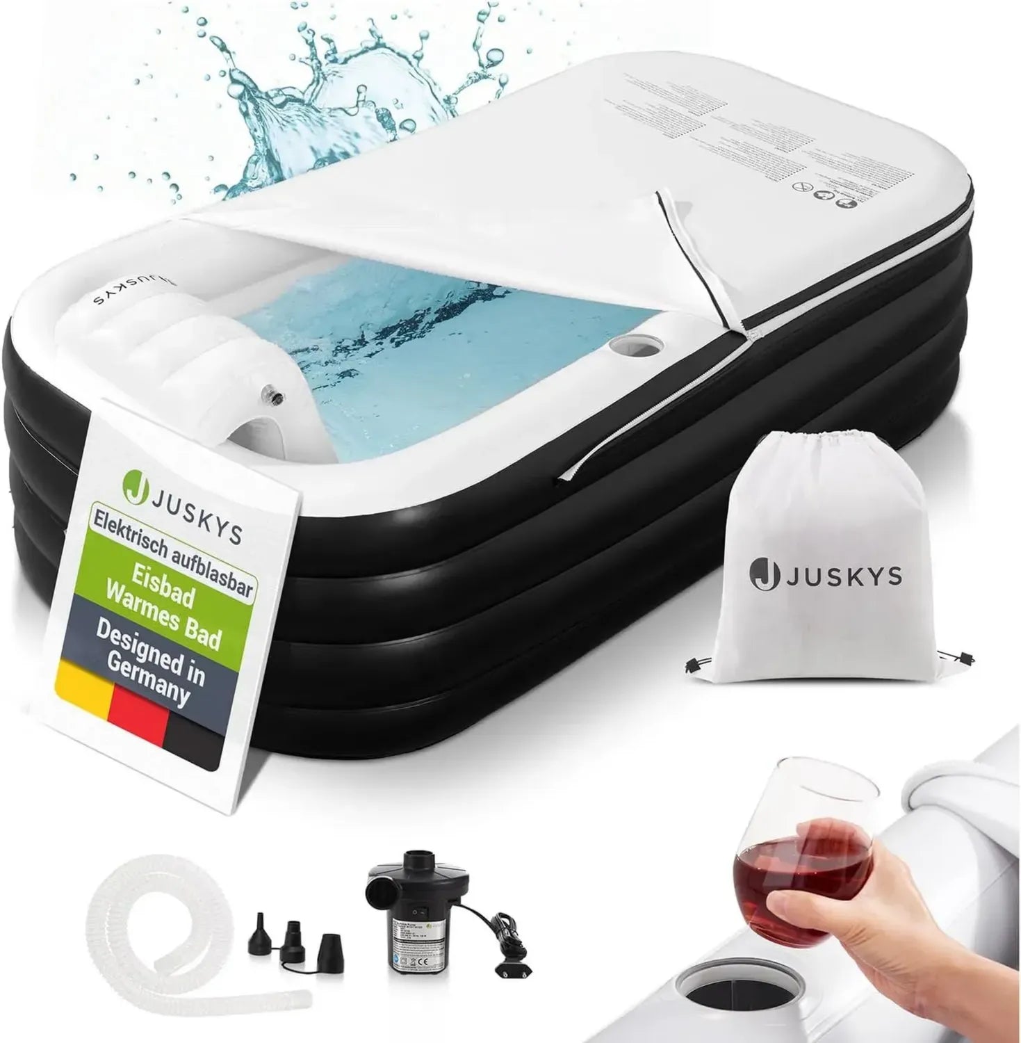 Juskys Faltbare Badewanne L - Tragbare Wellness-Badewanne für Erwachsene mit Rückenlehne, Balkon-Eistonne inkl. Abdeckung & Pumpe