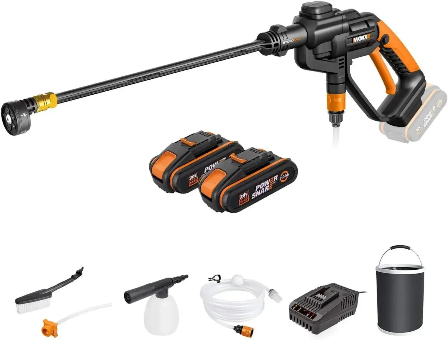 WORX 20V Akku-Druckreiniger Hydroshot mit Multi-Sprühdüse, 6m Schlauch & 2 Akkus