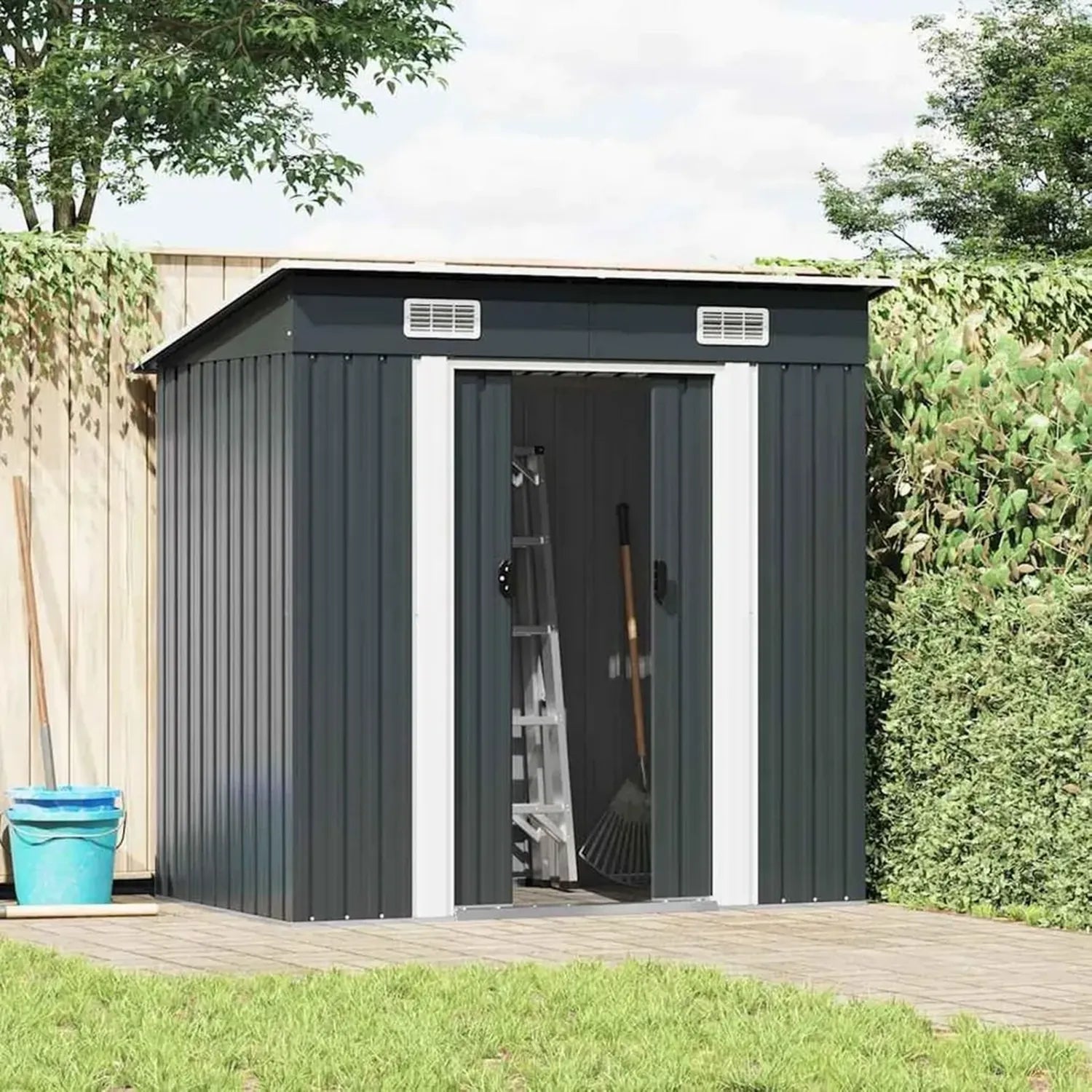Robuster Stahl-Gartenschuppen Anthrazit, Wetterfestes Gerätehaus für Gartenaufbewahrung