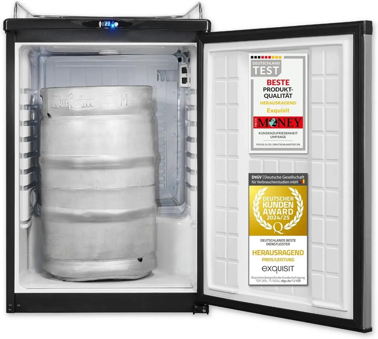 Exquisit Bierzapfkühlschrank, 163 L, integrierte Zapfanlage, wechselbarer Türanschlag, leise 42 dB, 89 cm hoch, Edelstahl-Design