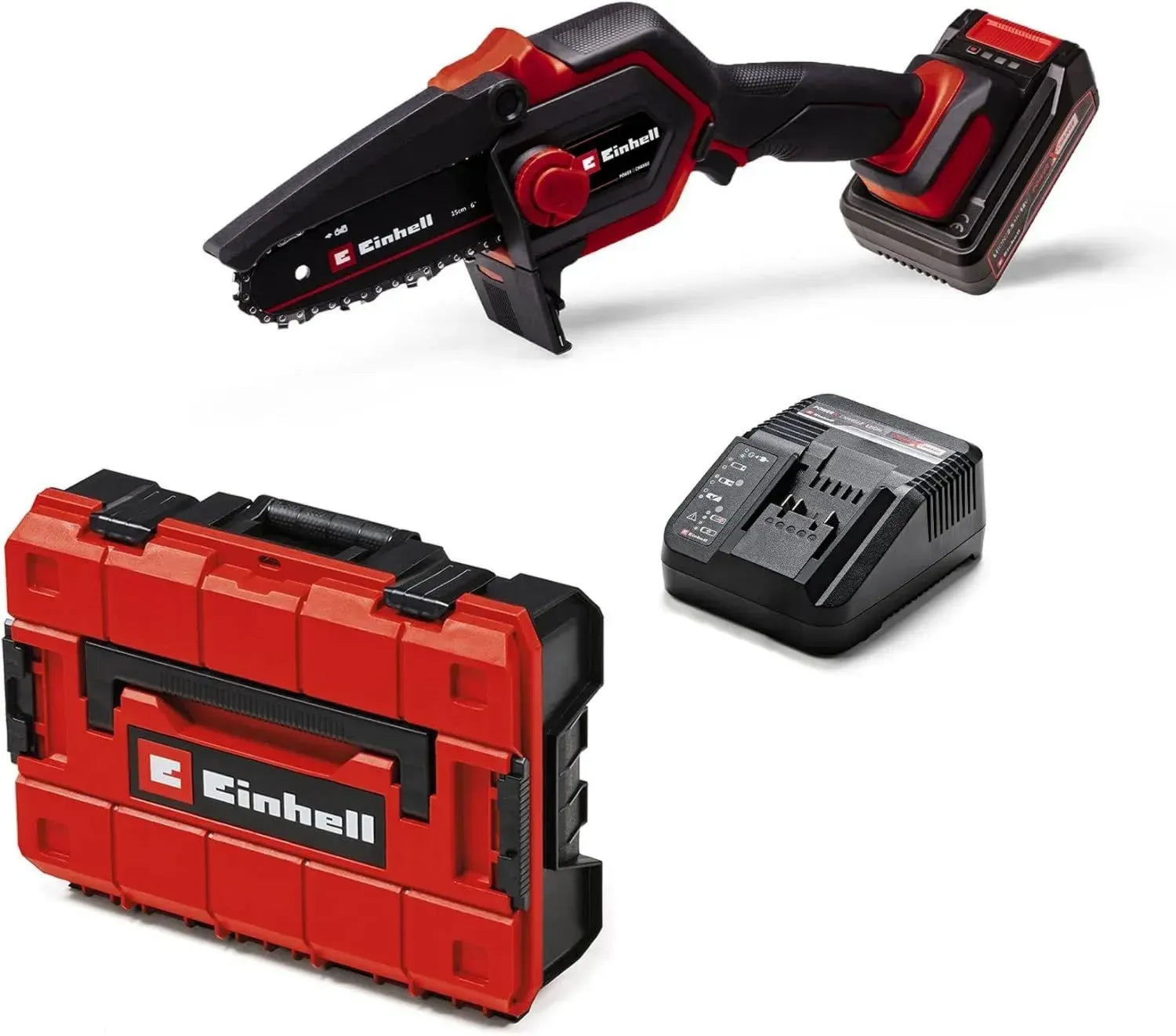 Einhell Akku-Hochentaster GE-PS 18/15 Li BL Kit Power X-Change (18 V, bürstenlos, 12,5 cm Schnittlänge, werkzeugloser Kettenwechsel, inkl. 2,5 Ah Akku, Ladegerät, E-Case S-F)
