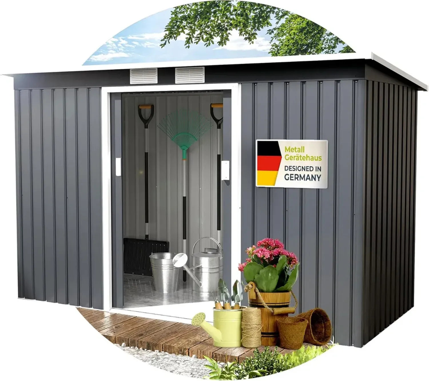 Metall-Gartenhaus mit Doppelschiebetüren, 277x130x173 cm, verzinkter Stahl