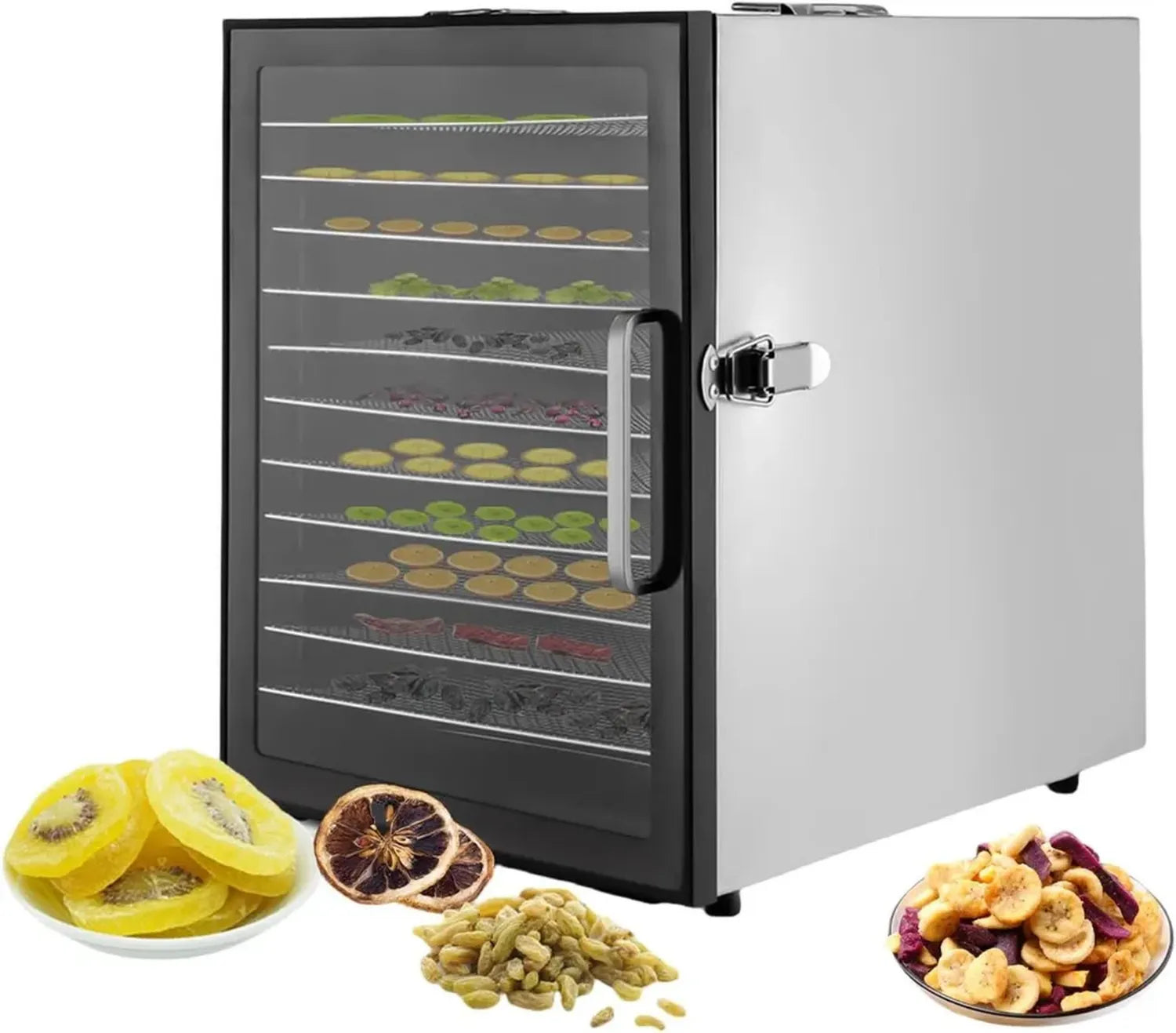 Professioneller Edelstahl-Dörrapparat mit 12 Gittern, 800W, präzise Temperaturkontrolle 30-80°C, 24h Timer, 360° effiziente Trocknung für Obst, Gemüse und Fleisch