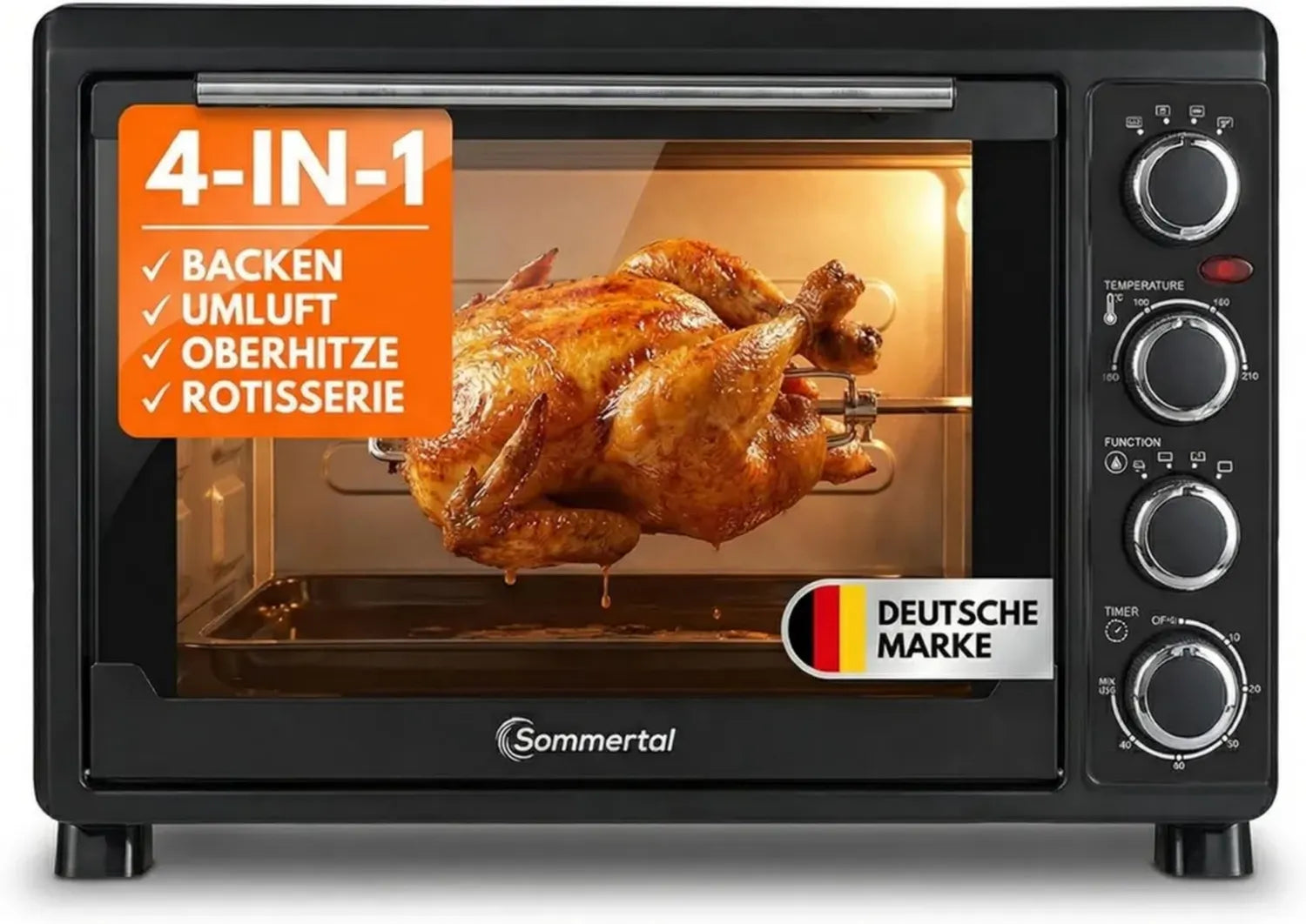 Kompakter Minibackofen 30L mit Grillspieß & Umluft, 1500W, 100-230°C, Timer, ideal für Camping