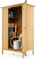 COSTWAY Holz-Gartenschrank mit Asphalt-Dach, 3 Regalen und 5 Haken, abschließbar, für Terrasse und Garten, 91 x 66 x 150 cm