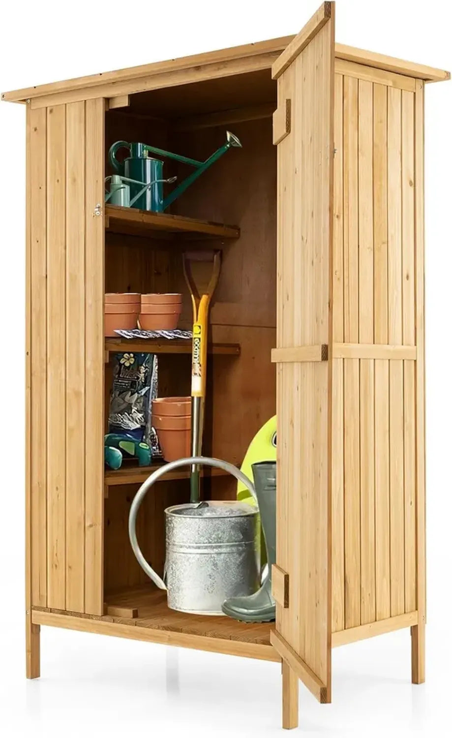 COSTWAY Holz-Gartenschrank mit Asphalt-Dach, 3 Regalen und 5 Haken, abschließbar, für Terrasse und Garten, 91 x 66 x 150 cm
