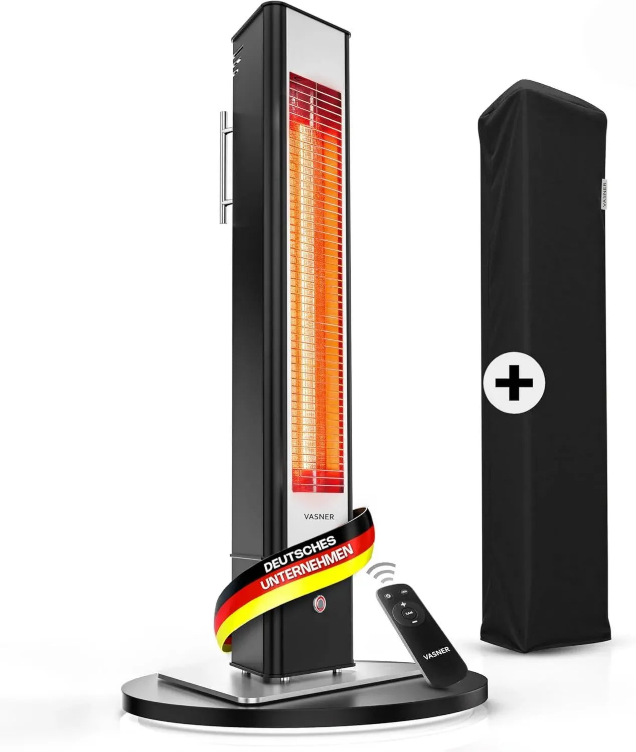 VASNER Infrarot Terrassenheizer 2500W mit Fernbedienung, Schwarz, 4 Heizstufen, IP65 Wetterschutz