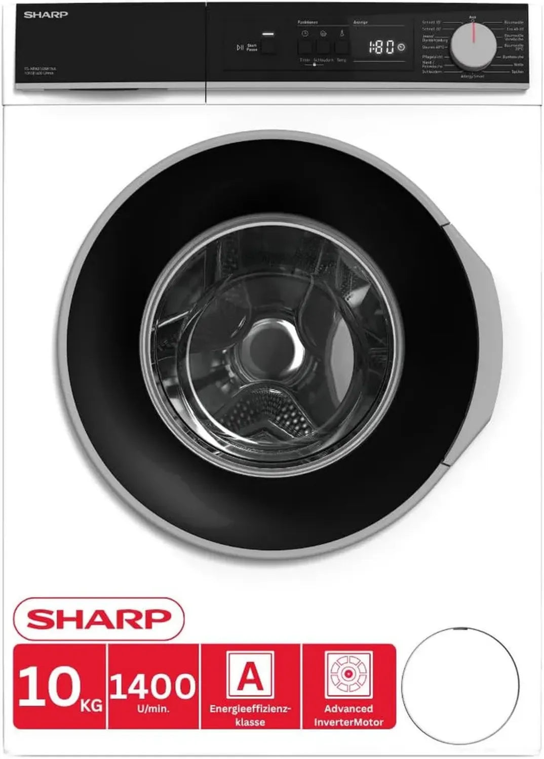 Sharp 10 kg Waschmaschine, 1400 U/Min, A++ Effizienz, Inverter Motor, AquaStop, AllergySafe, Startzeitvorwahl, Weiß
